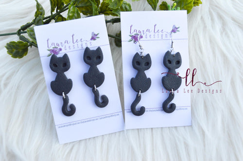 Cats Clay Earrings || Black with Hanging Tail || Made to Order