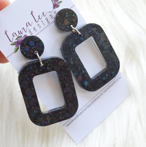 Rounded Rectangle Resin Earrings || Black Holographic Chunky Glitter