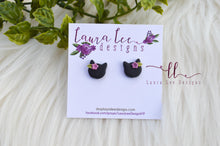 Clay Cats Stud Earrings || Black with Purple Flowers || Made to Order