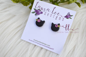 Clay Cats Stud Earrings || Black with Purple Flowers || Made to Order