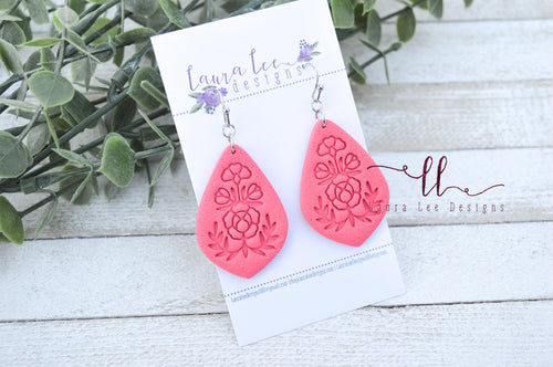 Ursa Floral Imprint Clay Earrings || Pink Coral || Made to Order