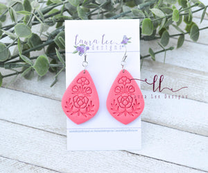 Ursa Floral Imprint Clay Earrings || Pink Coral || Made to Order