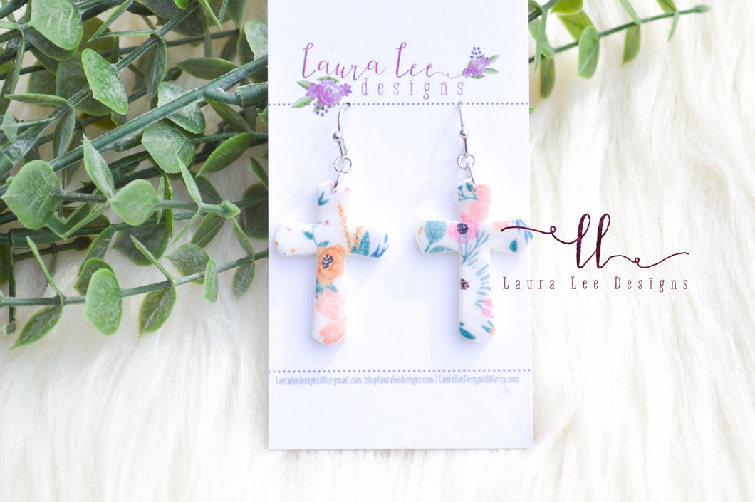 Cross Clay Earrings ||  Floral