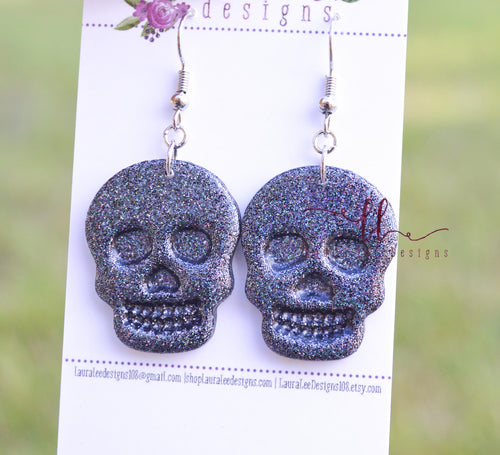 Skull Clay Earrings || Deep Gray Holographic Glitter