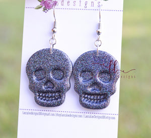 Skull Clay Earrings || Deep Gray Holographic Glitter