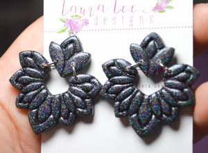 Fancy Lotus Clay Earrings || Black Holographic Glitter
