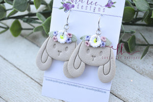 Bunny Clay Earrings || Tan Bunnies with Flower Crowns