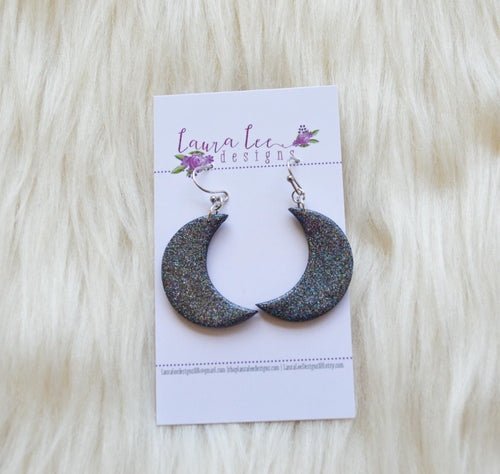 Moon Clay Earrings || Dark Gray Holographic Glitter || Made to order