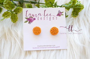 Round Clay Stud Earrings || Mustard Yellow Lace