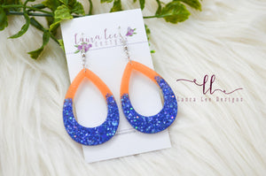 Teardrop Resin Earrings || Orange and Blue Glitter