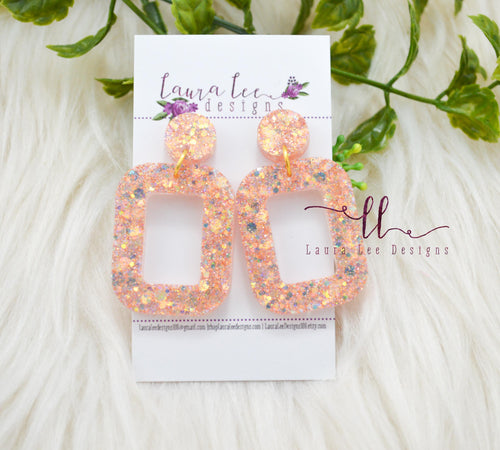 Rounded Rectangle Resin Earrings || Peach Fuzz Glitter