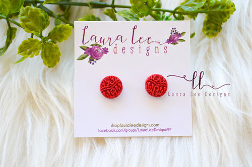 Round Clay Stud Earrings || Red Lace || Made to Order