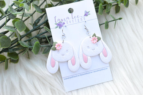 Bunny Clay Earrings || White Bunnies with Flowers