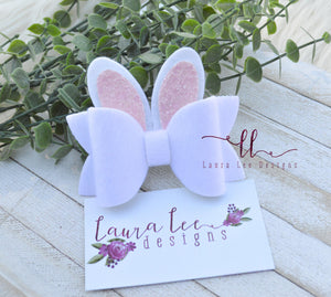 Izzy Style Bunny Bow || Fuzzy White with Light Pink Glitter Ears