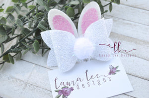 Izzy Style Bunny Bow || White Glitter with Pink Glitter Ears