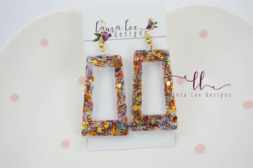 Resin Earrings || Rainbow Confetti Shards Rectangle