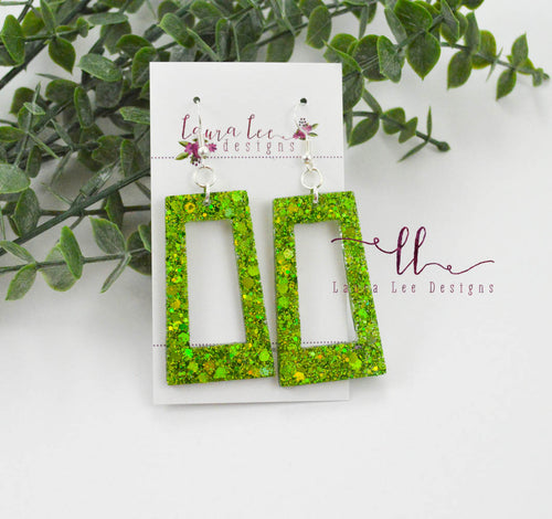 Resin Earrings ||  Lime Green Glitter Rectangle