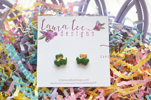 Clay Stud Earrings || Green and Gold 3 Leaf Clovers || Shamrock || Made to Order