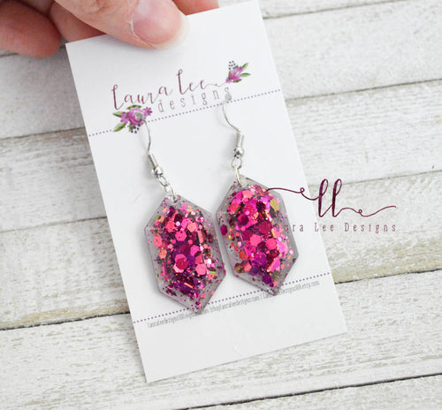 Resin Earrings || Dark Pink Glitter Drops