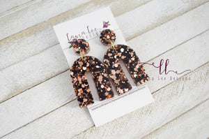 Stud Arch Resin Earrings || Black and Rose Gold Glitter