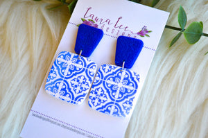 Angel Square Clay Earrings || Blue and White || Made to Order