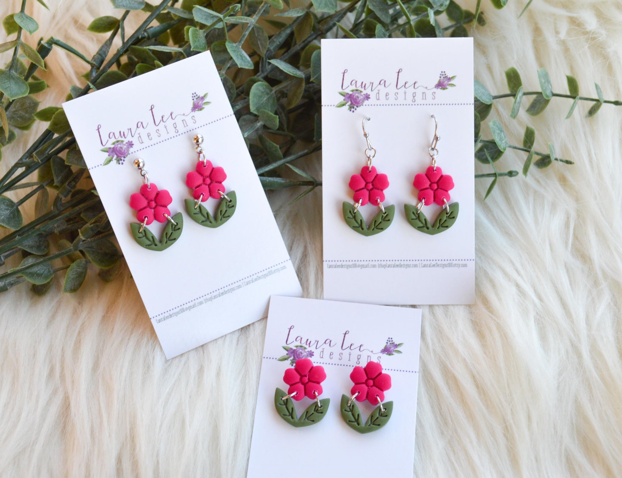 Eelika Polymer clay earrings with purple flowers and leaves imprint ||  lightweight || durable || elegant