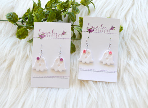 Ghost Clay Earrings || White Ghosts with Flowers