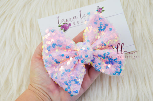 Large Julia Bow Style Bow || Light Pink Sequins || CLIP ONLY