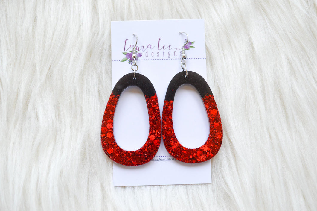 Fat Teardrop Resin Earrings || Red and Black Glitter