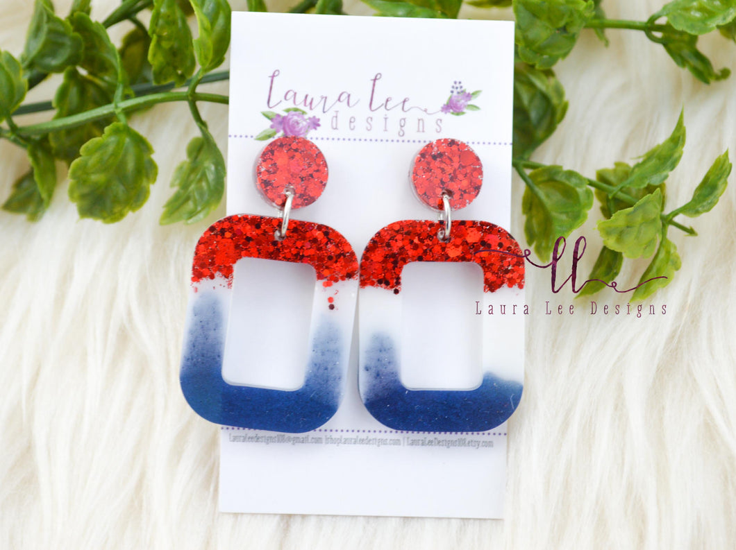 Rounded Rectangle Resin Earrings || Red, White, and Blue