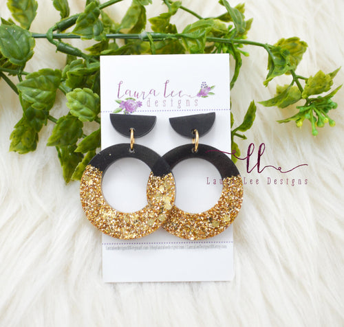 Stud Circle Resin Earrings || Black and Gold Glitter