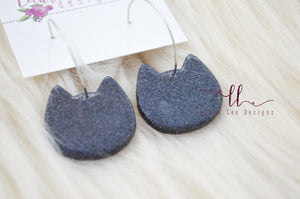 Cat Clay Hoop Earrings || Holographic Charcoal Glitter || Kitty Hoops || Made to Order