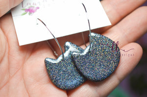 Cat Clay Hoop Earrings || Holographic Charcoal Glitter || Kitty Hoops || Made to Order