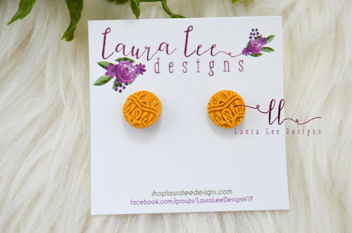 Round Clay Stud Earrings || Mustard Yellow Lace