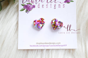 Heart Stud Earrings || Pink Rainbow Confetti || Resin Studs