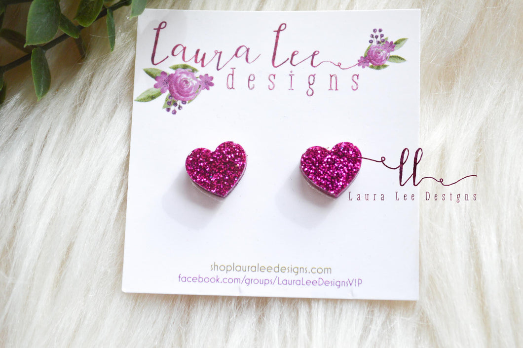 Heart Stud Earrings || Deep Pink Glitter || Resin Studs