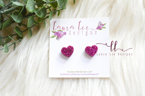 Heart Stud Earrings || Deep Pink Glitter || Resin Studs