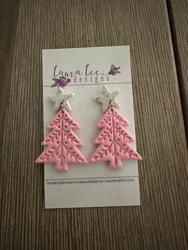 Star Stud Christmas Tree Clay Earrings || Pink