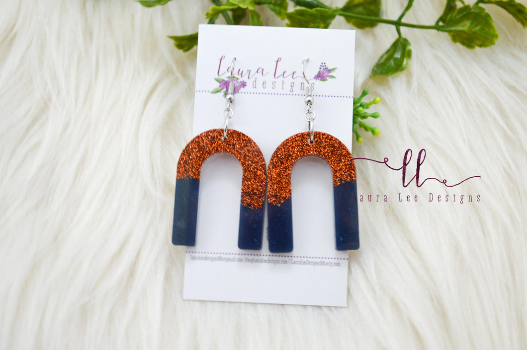 Arch Resin Earrings || Navy and Orange Glitter