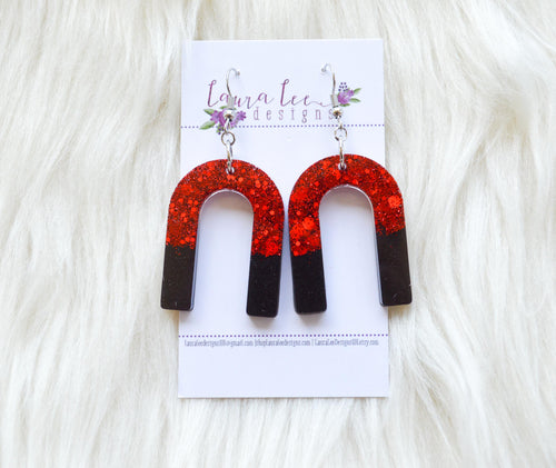 Arch Resin Earrings || Red and Black Glitter