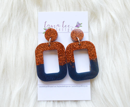 Rounded Rectangle Resin Earrings || Navy Blue and Orange