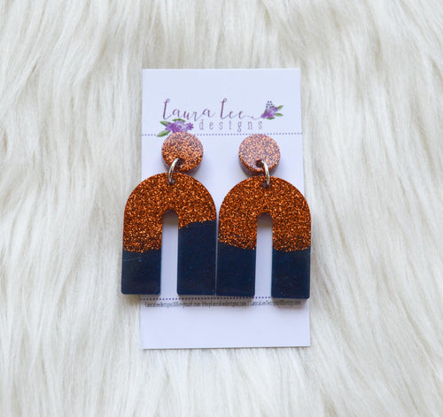 Stud Arch Resin Earrings || Navy Blue and Orange Glitter