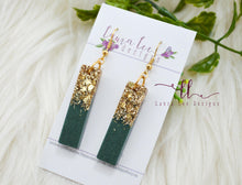 Bar Drop Resin Earrings || Green and Gold Glitter