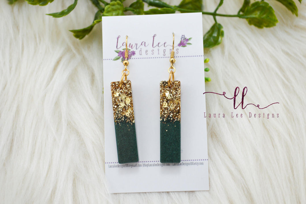 Bar Drop Resin Earrings || Green and Gold Glitter