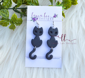Cats Clay Earrings || Black with Hanging Tail || Made to Order