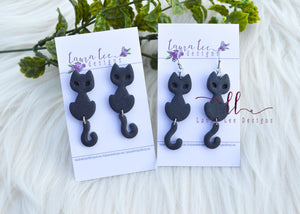 Cats Clay Earrings || Black with Hanging Tail || Made to Order