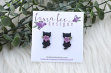 Cat Clay Stud Earrings || Black with Purple Flowers