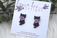 Cat Clay Stud Earrings || Black with Purple Flowers