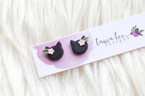 Clay Cats Stud Earrings || Black with Light Pink Flowers || Made to Order