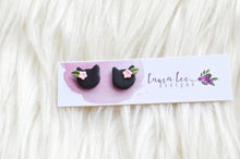 Clay Cats Stud Earrings || Black with Light Pink Flowers || Made to Order